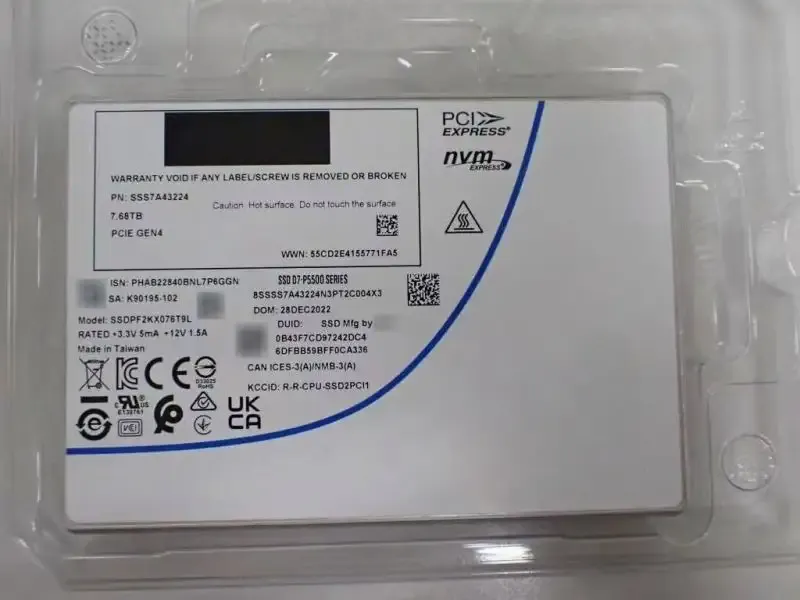 Preço de fábrica 7.68 TB 7680 GB 2.5 "12 Gbps U.2 RI NVMe 1.3c PCIe 4.0 x4 SSD Disco Rígido D7-P5500 SSDPF2KX076T9L SSS7A43224