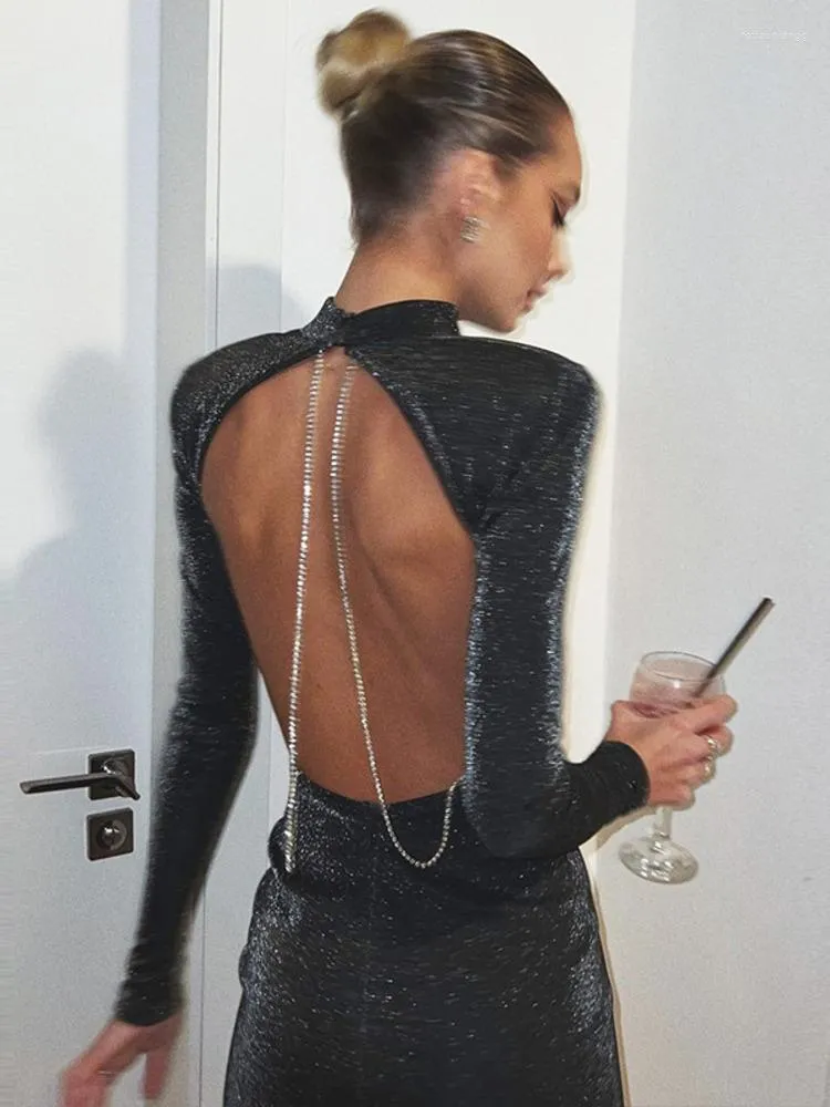 Casual jurken mozision 2023 herfst o nek volle mouw jurk voor dames gewaad mode zwart backless diamanten ketting feest mini vestido