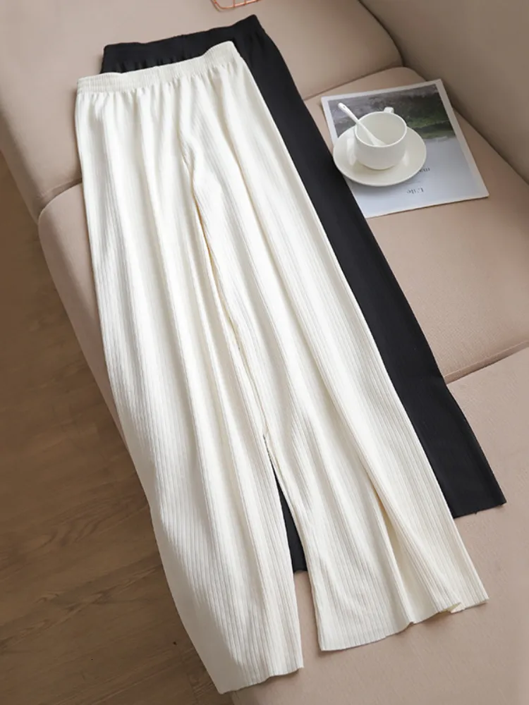 Women's Pants Capris High Quality Wide-leg Women's Pants High Waist Full-lenth Loose White Black Pants Casual Long Ice Silk Pants Women Trousers 230413