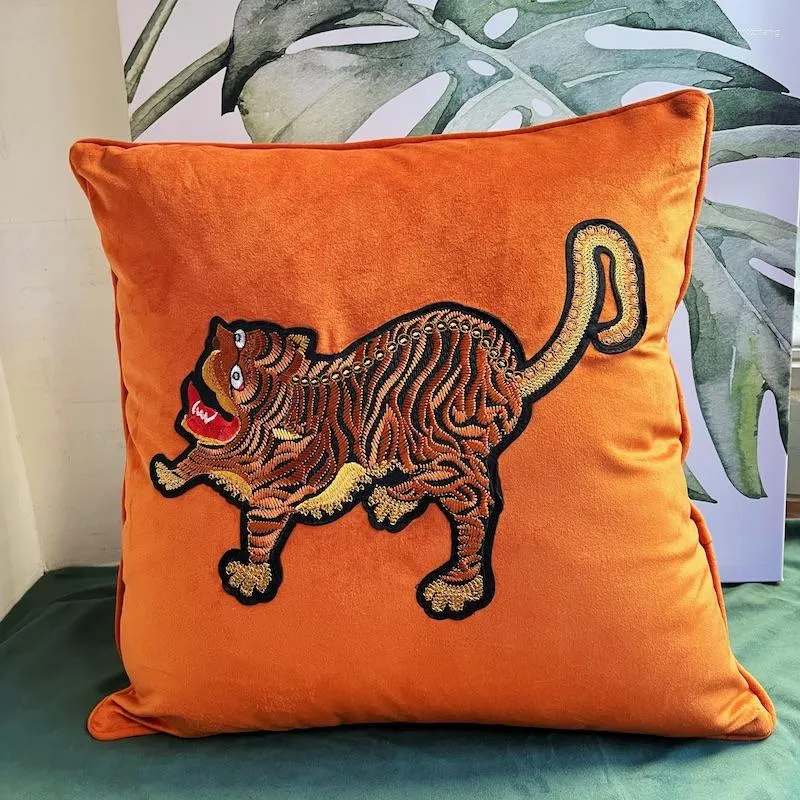 Kudde DunxDeco Home Cojines Luxury Orange Velvet Retro Tiger Patchwork Brodery Cover 18x18inch Case Soffa Bed Coussin