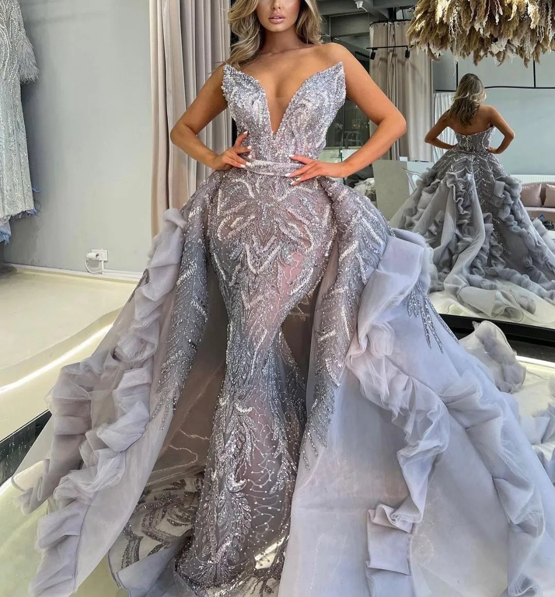 Luxury Champagne Beading Long Sleeve Sheer Detachable Train Prom Dress Luxury Champagne Beading Long Sleeve Sheer Detachable Train Prom Dress