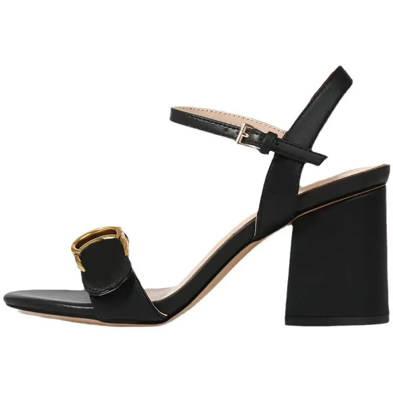 Sandales de luxe à talons épais pour femmes, chaussures en cuir véritable noir à talons hauts, avec boîte, grande taille 35-42, nouvelle collection 2024