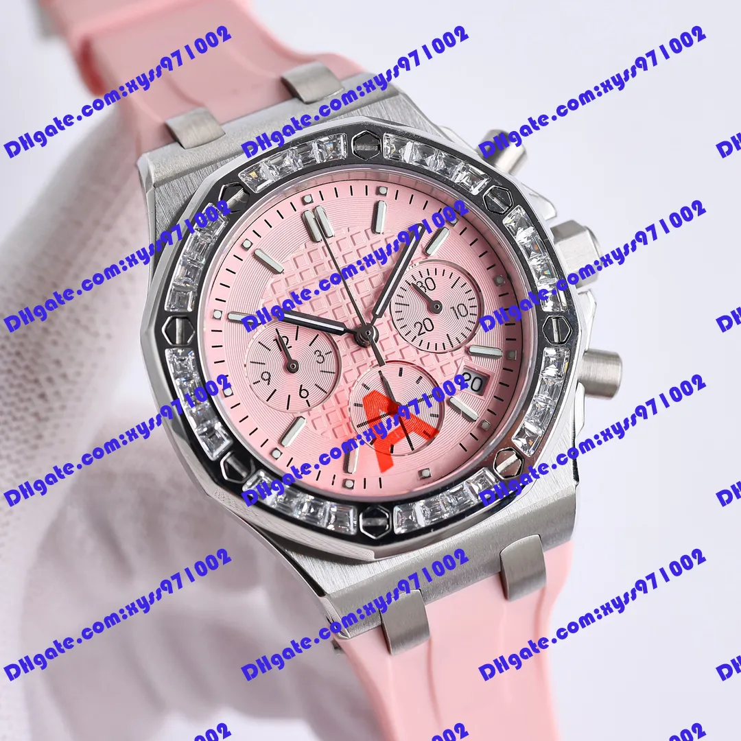 Orologio neutro di alta qualità 26231 37mm quadrante rosa movimento elettronico al quarzo orologio da donna cinturino in caucciù rosa orologio in acciaio inossidabile funzione timer visualizzazione del calendario