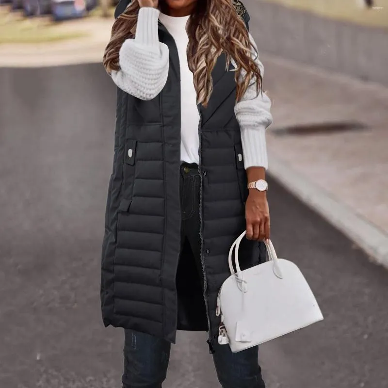 Women's Vests Autumn Winter Loose Fashionable Long Vest Jacket Cotton Quilted Thicken Warm Hooded Coat Zip Up Pockets Coats