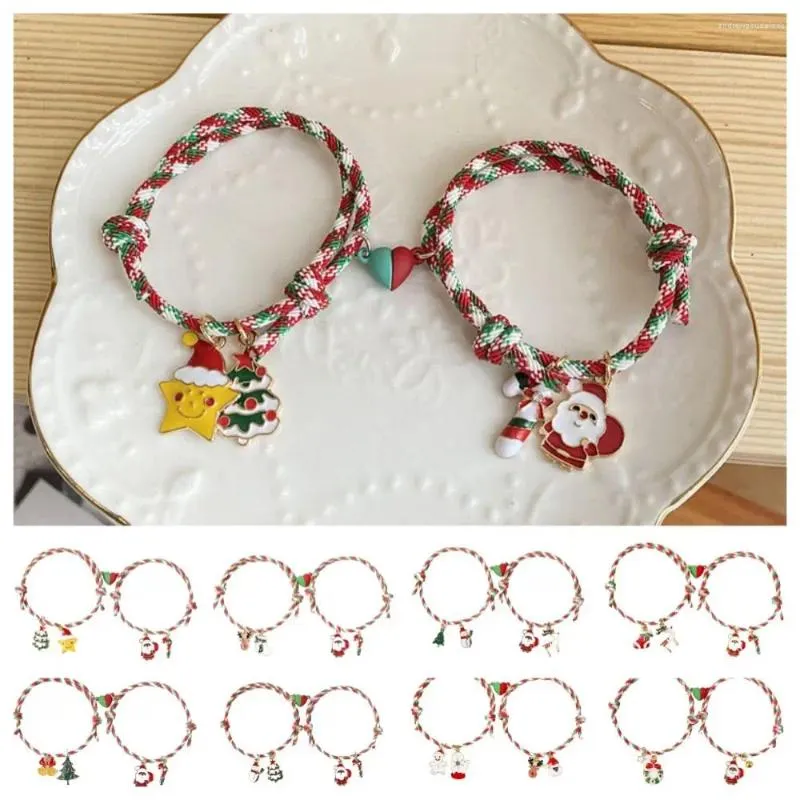 Braccialetti con ciondoli 2 pezzi/set Bracciale magnetico natalizio Buon Natale Coppia albero Babbo Natale Bastoncino di zucchero Catena a mano