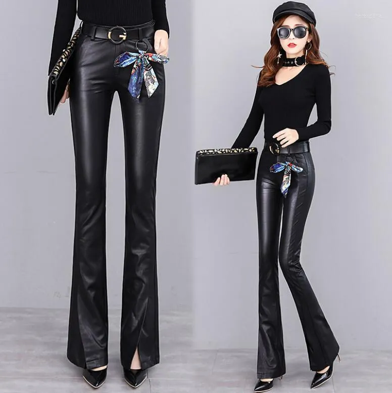 Women's Pants Black Pu Leather Flare Sautumn Winter Trousers High Waist Elegent Long Office Style Slim