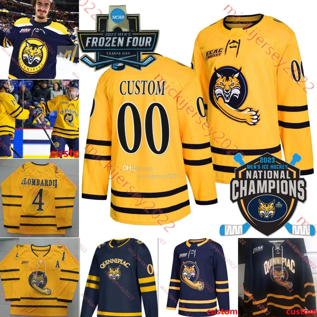 Devon Toews Connor Clifton Quinnipiac Jersey Sam Lipkin Desi Burgart Cristophe Tellier Noah Altman Chase Clark Quinnipiac Bobcats 2023 Campeões Jerseys