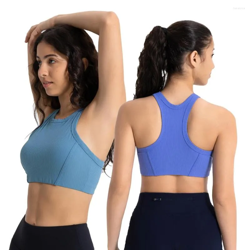 Yoga Outfit Damen gerippter, hochgeschlossener Push-up-Sport-BH, gepolsterter Racerback-Trainings-BH, kurzes Fitnessstudio, Fitness-Tanktop mit abnehmbaren Körbchen