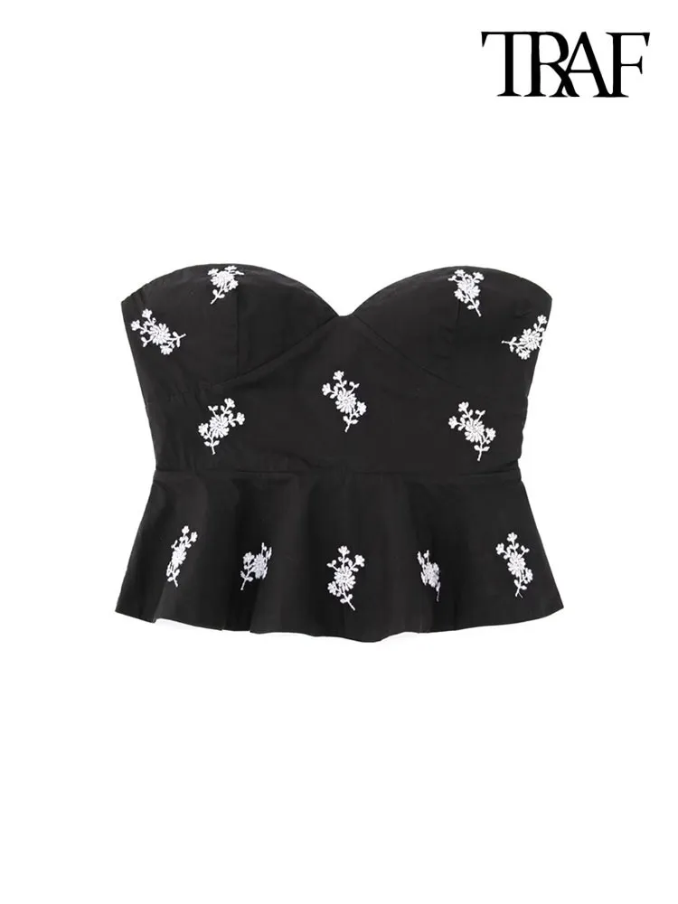 CAMISOLELE TAF Traf Fashion Fashion Floral Hafted Cropped Poplin Bustier Tops Vintage Bezpliniany Zipper Fempel Camis Mjer 230412