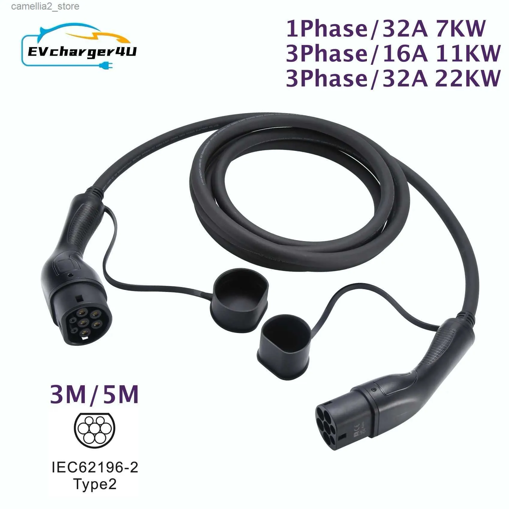 Electric Vehicle Accessories EVCHARGER4U IEC 62196 EV Laddning Kabel Typ 2 1fas/3fas 16A/32A 7KW/11KW/22KW 3M/5M Förlängningskablar för elektriska fordon Q231113