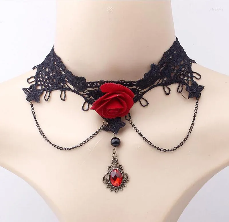 Choker JINGLANG Lace Rope Chain Flower Chokers Necklace Dangle Red Crystal Charms Multilayer Statement Necklaces For Women Jewelry