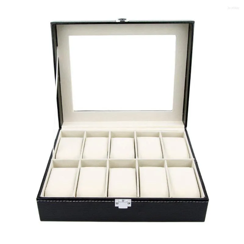 Smyckespåsar Titta på Box Display Case Organizer - 10 Slot Luxury Set With Glass Top Pu Leather Velvet Pillows Metal Lock