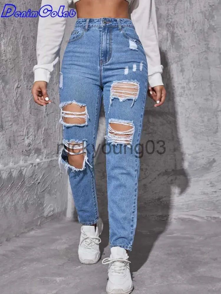 Kvinnors byxor capris denimcolab ny hög midja rippade jeans kvinna mode hål tvätt bomull denim byxa damer höga streetwear rak jeans j231113