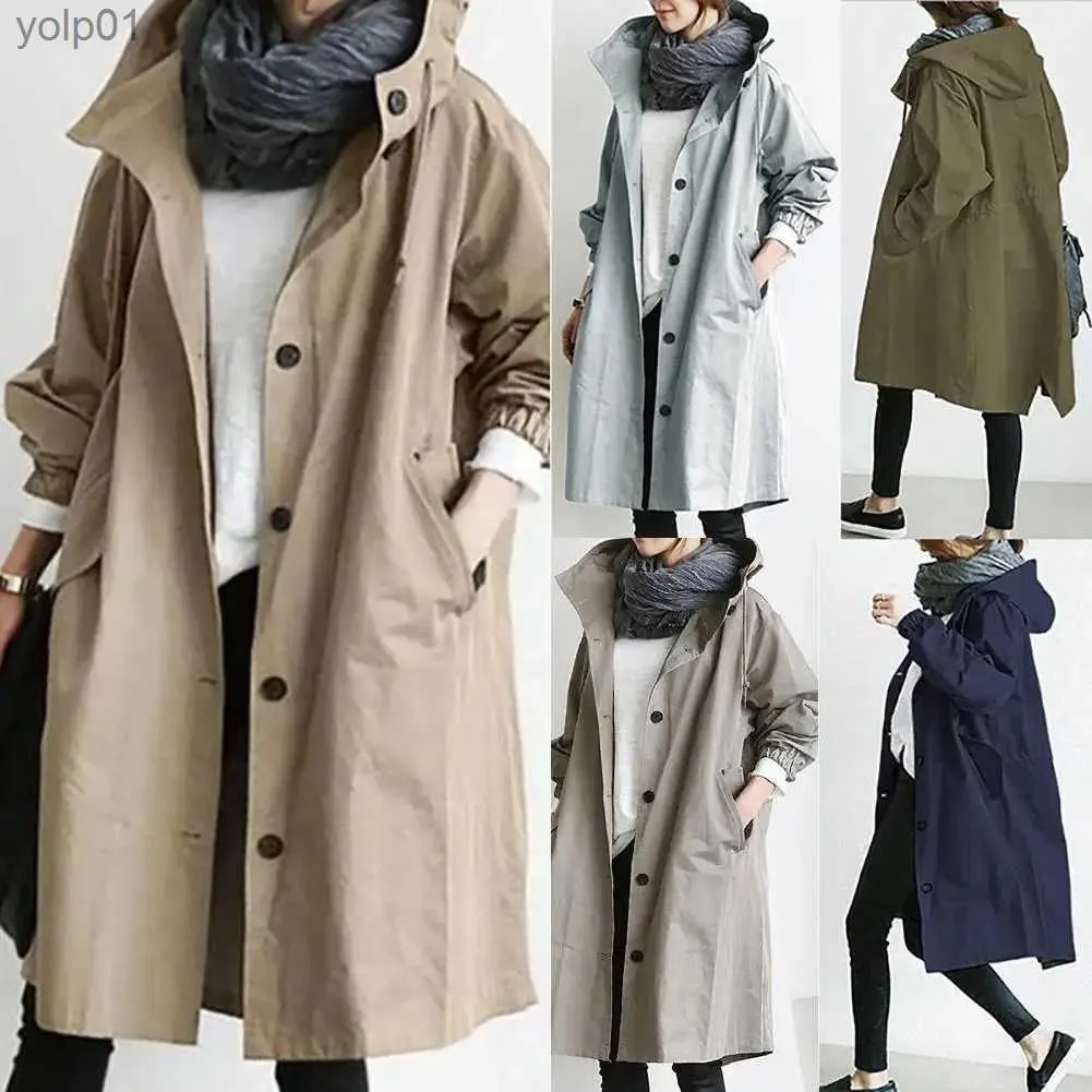 Kvinnors dikerockar 2020 Kvinnor Autumn Solid Color Pocket Hooded Windbreaker Long Trench Coat Ytterkläder Kvinnokläder Femme Vestel231113