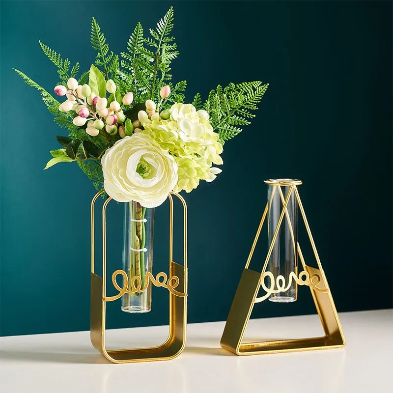 Modern Home Decorations Metal Flower Vases Iron Holde Glass Home Room Dining Table Hydroponic Decorative Bottle Living Room Decor