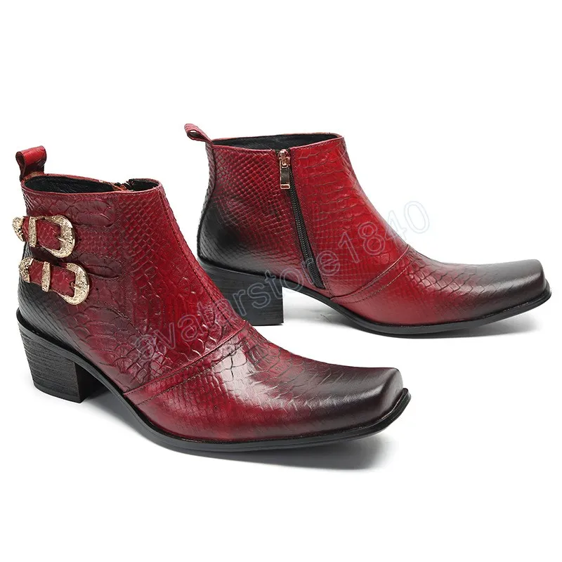 Square Toe Formal Male Shoes Large Size Red Genuine Leather Dress Boots for Men Motorcycle Buckle Ankle Boots
