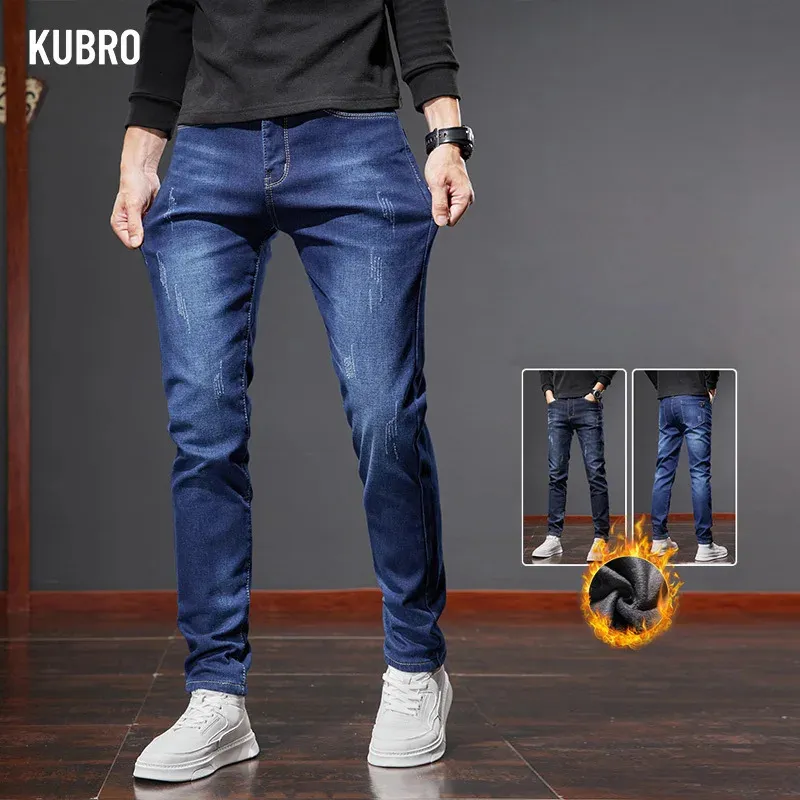 Men's Jeans KUBRO Autumn Winter High Quality Fleece Jeans Men Business Slim Fashion Thicken Warm Stretch Straight Causal Denim Trousers 231113