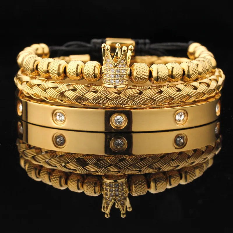 Bracciale rigido di lusso Micro Pave CZ Crown Roman Royal Charm Bracciali da uomo Cristalli in acciaio inossidabile Braccialetti Coppia fatti a mano 3 pezzi / set Regalo di gioielli