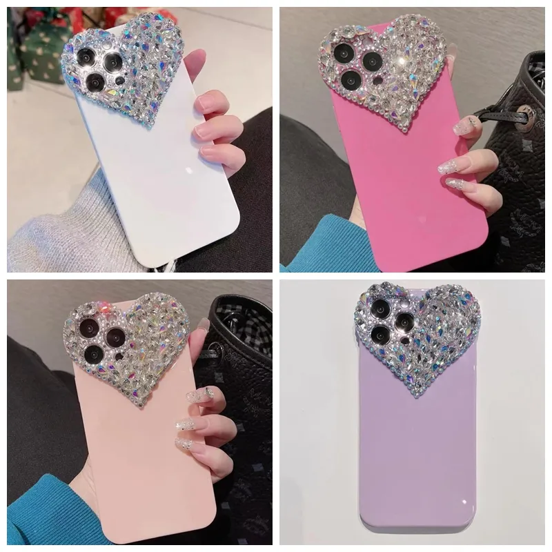 3D Liefde Hart Bling Diamond Cases Voor Iphone 15 Plus 14 13 Pro Max 12 11 X XR XS 8 7 6 SE2 Luxe Mode Jelly Solid Crystal Zacht TPU Strass Meisjes Vrouwen Telefoon Achterkant