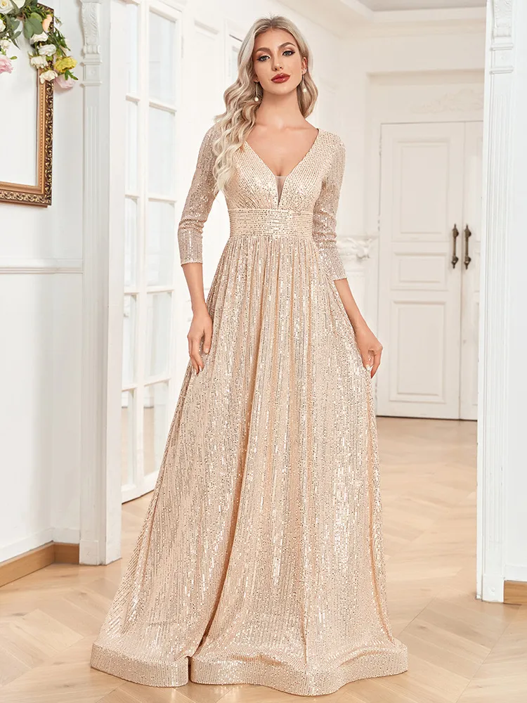 Gold Shiny Bling champagne sequin bridesmaid dresses - Long Country Garden Wedding Guest Dress with Arabic Sequins, V-Neckline, and Sexy Silhouette -