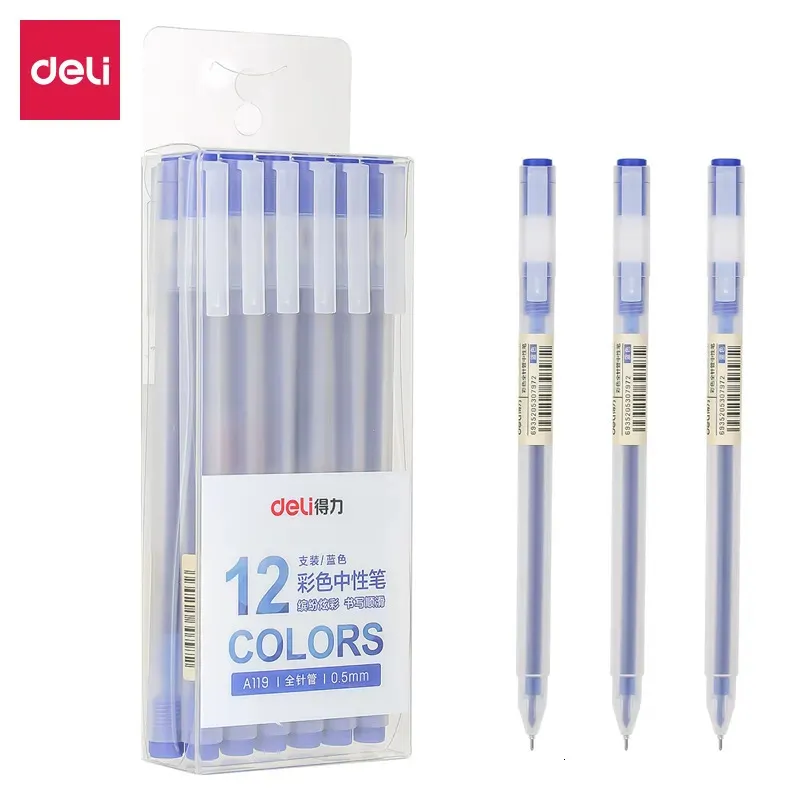 Ballpoint Pens Deli 12pcs مجموعة Ultra Quality Gel Crinting Black Blue Blue Ink Signature for Office School Supplies 231113