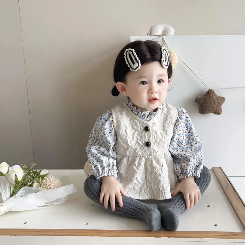 Ensembles de vêtements 2023 Automne coréen né bébé filles 2pcs vêtements coton floral à manches longues barboteuse froncé gilet costume infantile fille tenues