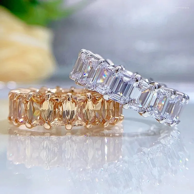 Anéis de cluster Primavera Qiaoer 925 prata esterlina 4/6mm esmeralda corte topázio alto carbono diamante noivado para mulheres luxo jóias finas