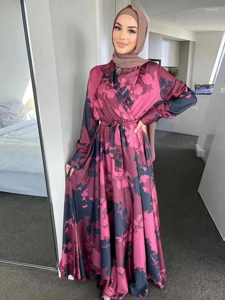 Ethnic Clothing Printed Muslim Long Dress Kaftan 2023 Women Wrap Front Belted Hijab Dresses Dubai Islamic Turkish Modest Abaya Ramadan