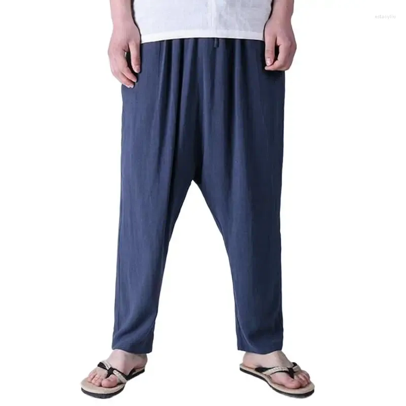 Männer Hosen Beiläufige Lose Kordelzug Retro Lange Chinesischen Stil Leinen Männer Hip Hop Drop Gabelung Haren Hosen M-5XL 6XL 2023