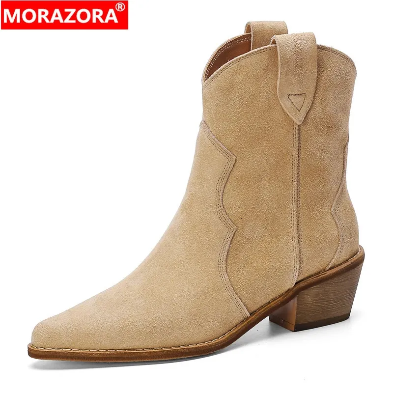 Stiefel Morazora Große Größe 3443 Wildleder Westernstiefel Frauen Slip On Spitze Zehen Herbst Cowboy Knöchel für 231113