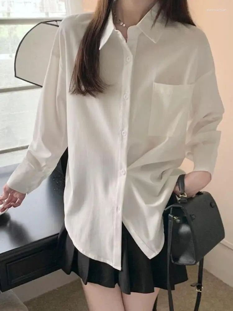 Женские блузки, женская элегантная белая рубашка с длинным рукавом, осенняя студенческая блузка, повседневная однобортная рубашка в консервативном стиле для девочек, свободный универсальный шик