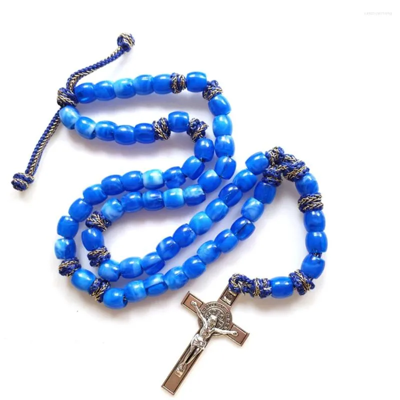 Pendentif Colliers CottvoExorcism St Benoît Crucifix Catholique Croix À La Main Tressé Bleu Chaîne De Perles Rosaire Collier Chapelet De Prière