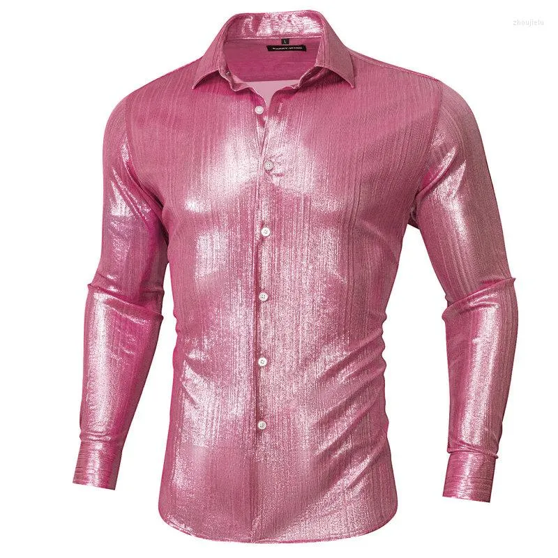 Camicie casual da uomo Camicia di seta da uomo rosa corallo Moda manica lunga Colletto rovesciato in tessuto Fit Regali per feste Sposo maschile Matrimonio Barry.Wang