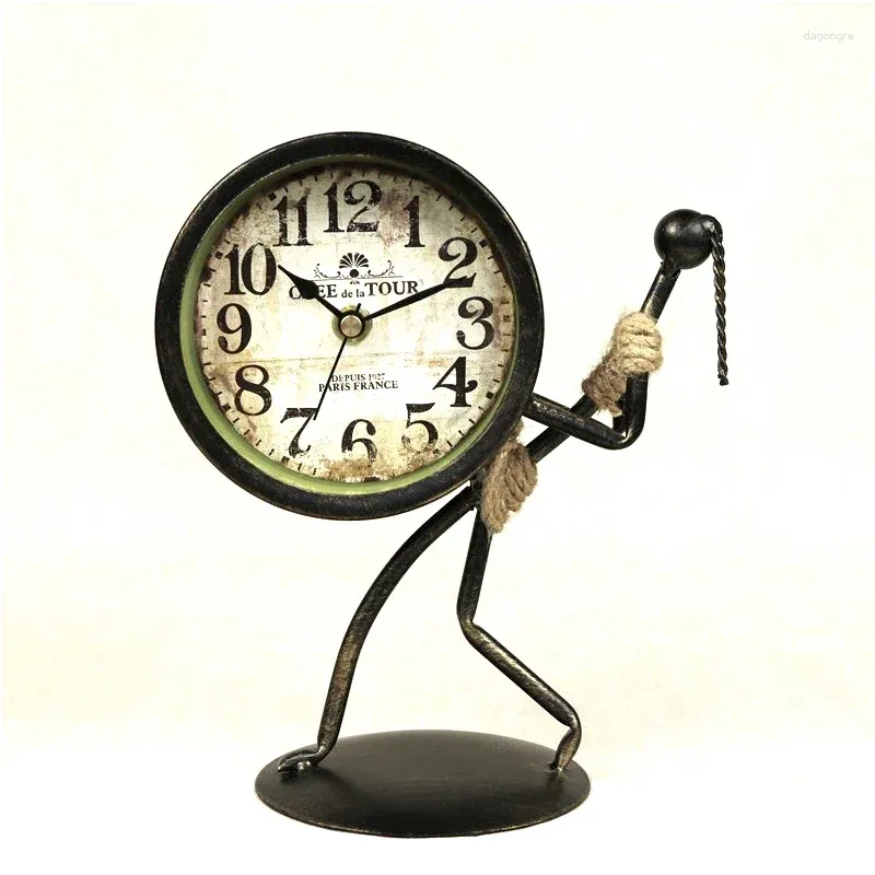 Vintage Wrought Iron Table Clock Brass Artistic Abstract Figure For