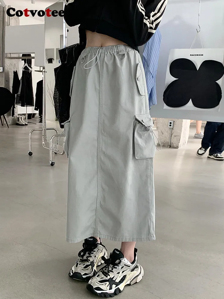 Skirts Yitimuceng Cargo Long for Women Vintage Streetwear Drawstring Split High Waist Loose Mid Calf Y2k Skirt 230413