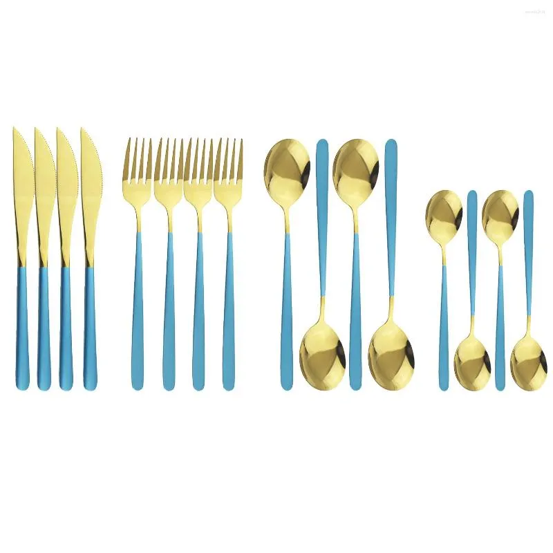 Ensembles de vaisselle 16 pièces/ensemble épissage bleu or ensemble 304 couverts en acier inoxydable couverts poignée couteau fourchette cuillère vaisselle