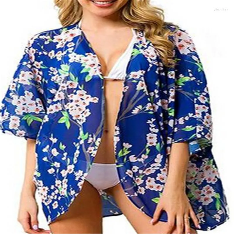 Women's Blouses Fashion Women's Ladies Flower Bikini Cover Up Summer Holiday Beach Beachwear Bathing Kimono Cardigan Kaftan Short Mini