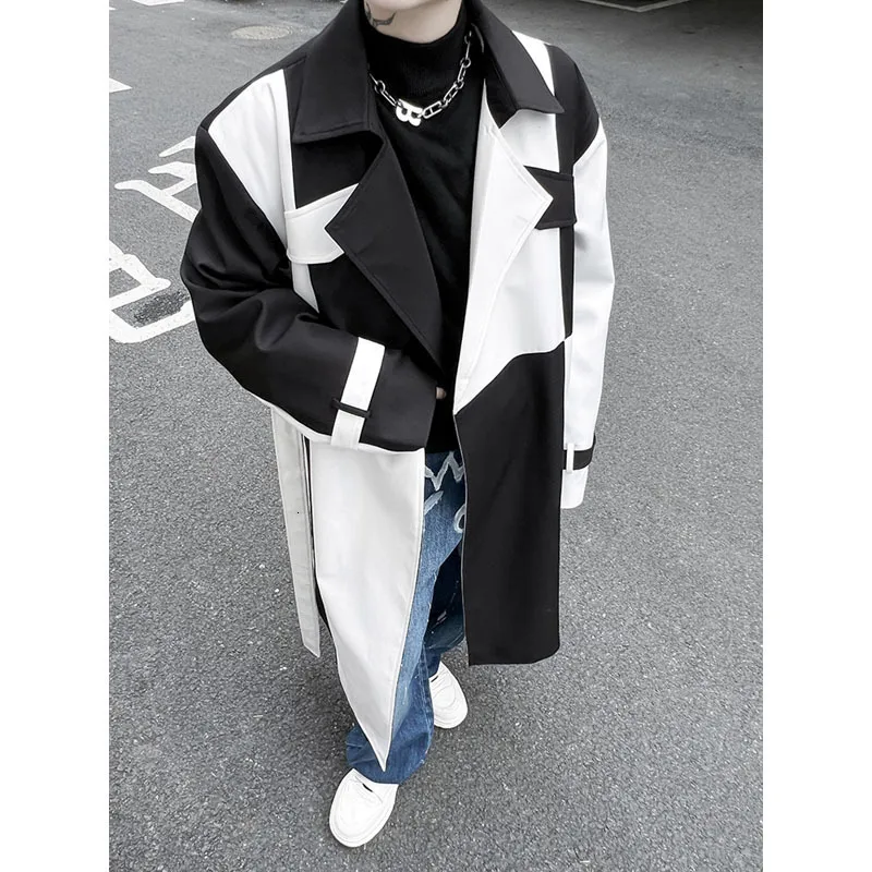 メンズトレンチコートネットセレブリティストリートウェアファッションブラックホワイトスプライスルーズカジュアルロングジャケットウィンドブレイカーコート男性ステージ衣類230413
