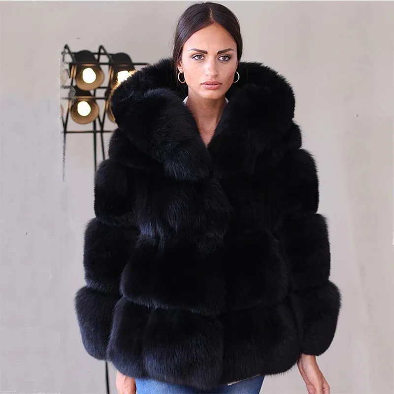 Kvinnors läder faux hjqjljls vinter kvinnor elegant svart päls kappa huva kvinnlig tjock varm fluffig konstgjord jacka 231110