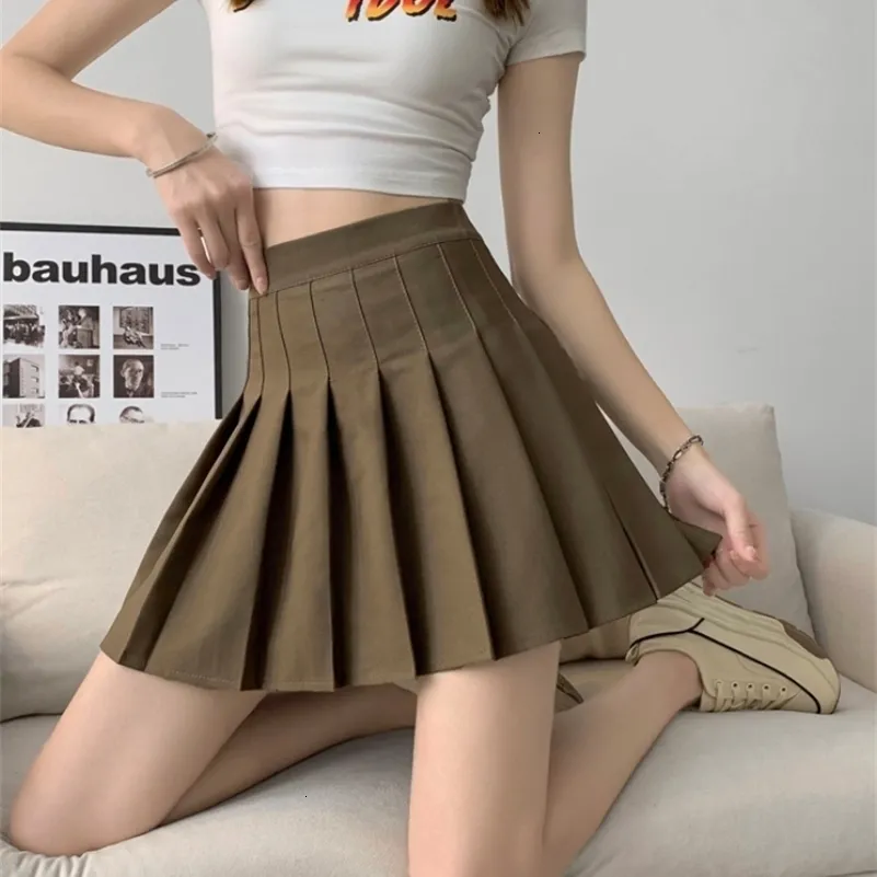 Kjolar jmprs khaki veckade mini kjol kvinnor sommar hög midja a-line y2k kjol student preppy stil dans faldas mujer skola 230413