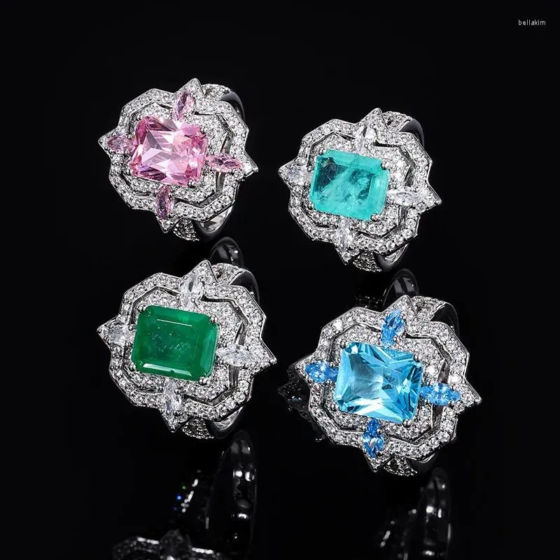 Cluster Anelli Vintage Brasile Paraiba Tormalina Gioielli con pietre preziose Taglio quadrato Lab Smeraldo Matrimonio per le donne Fidanzamento Finegr