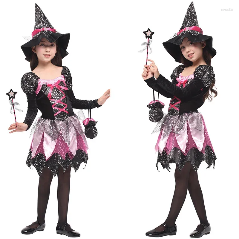 Temadräkt tjej halloween häxa cosplay barn magiska klänning julfest maskerad show set