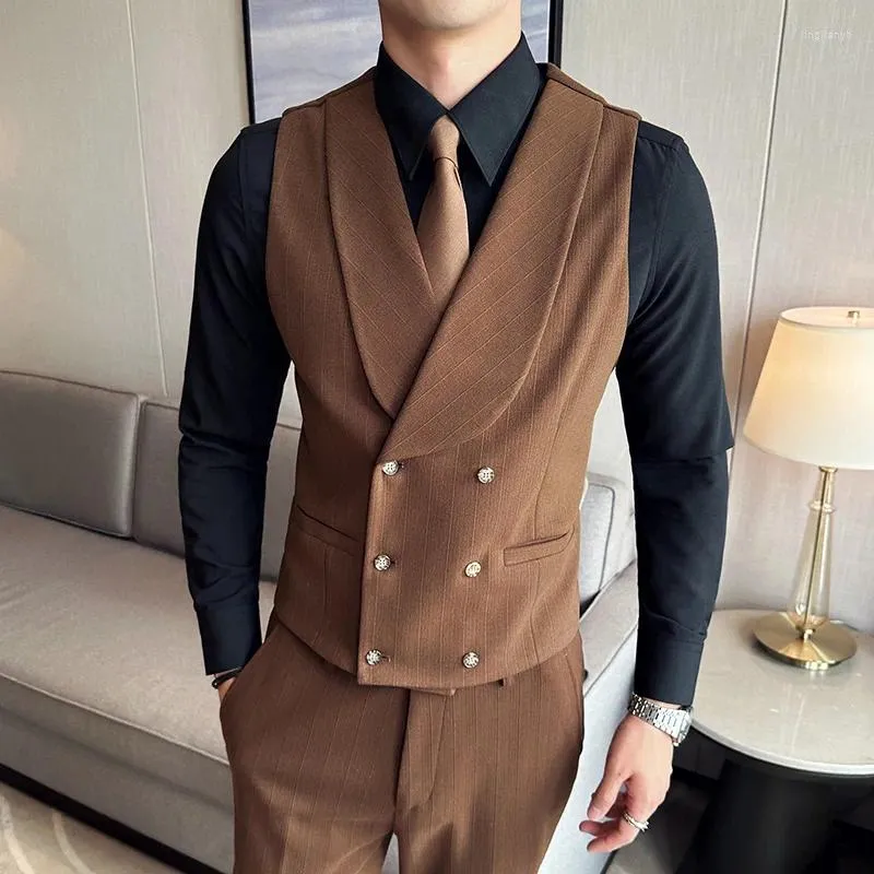 メンズベスト5xl-Mブランド衣類ウール高品質のビジネススーツ/オスのスリムフィットストライプダブルブレーザーベストドレス