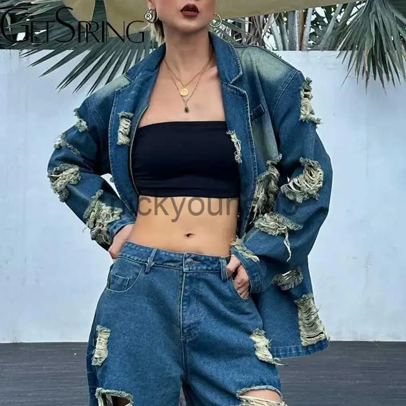 Vestes Femmes GetSpring Femmes Denim Manteau 2023 Automne Nouveau Bouton Unique Trous Bleu Jean Veste Mode Lâche Casual Long Denim Tops Tout Match J231113