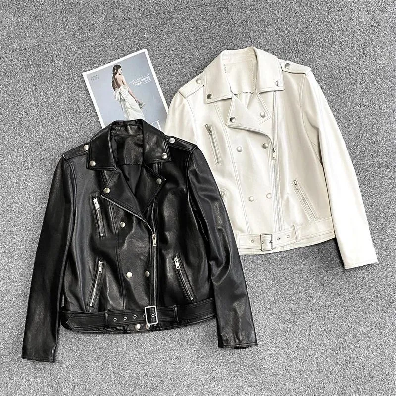 Women's Leather äkta Spring Classic Double Breasted Street Style Motorcykeljacka Casual Slim Zipper Sheepskin Coat2023