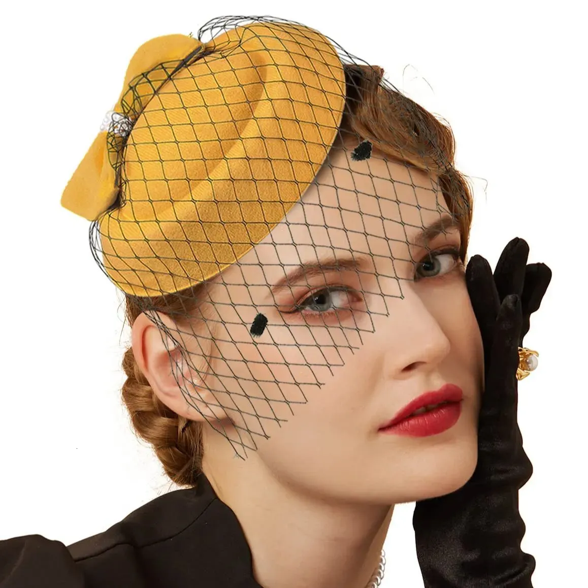 Brede rand hoeden emmer 20s 50s Vintage bunkerhoed Derby sluier Fascinators Cocktail Tea Party hoofddeksels Clip Fascinator voor vrouwen 231110