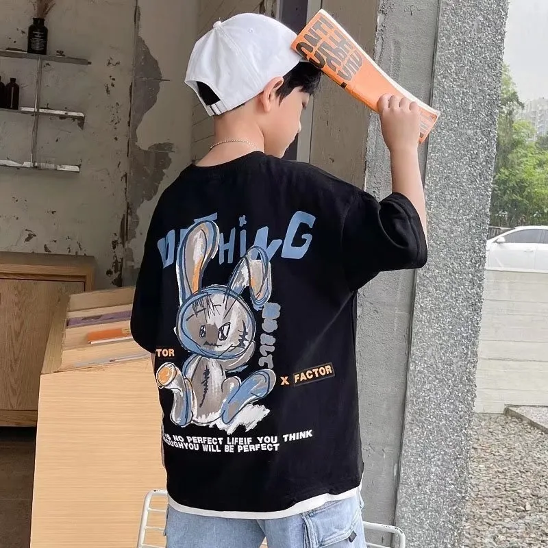 T shirts Summer Handsome Cool Kids Boy Casual Tops Cartoon Pattern Print Trendy Children's T shirt Short Sleeve Toddler Tees Han Fan 230412