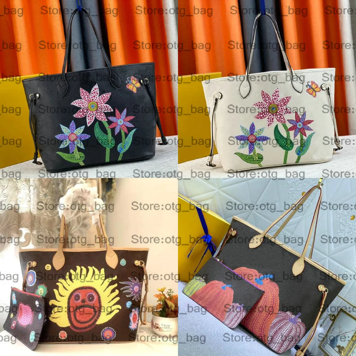 X YK Never MM Tote Bag Z zapinanym na zamek etui 2 zestawy Kwiaty Twarze Ryby Dynie Torba na zakupy Kobiety Designerskie torby Duża pojemność Luksusowa torebka M45686 M40995 M46381