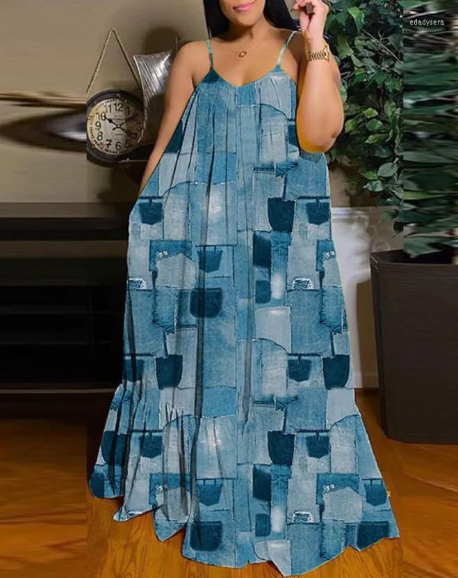 Casual Dresses Fashion Plus Size Denim Styled Print Pleated Hem V-Neck ärmlös Maxi Women's Dress