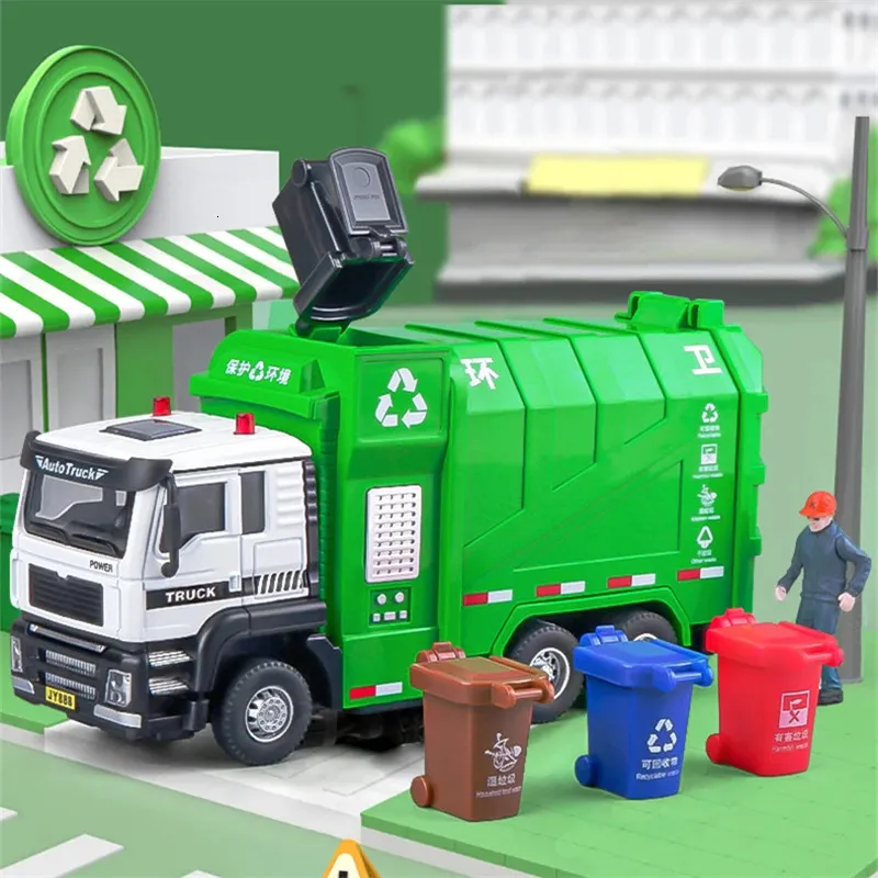 DIECAST Model 1 32 City Garbage Truck Truck Metal Sorting Santacja Pojazd i lekkie dziecięce zabawki Prezent 231113